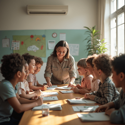معلم و دانش آموزان خندان در کلاس