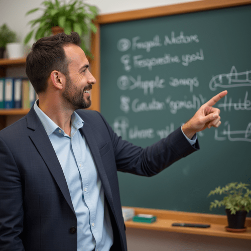 مردی در حال اشاره کردن به وسژگی های خوب یک معلم خوب است