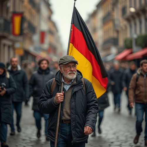 مرد مسن در حال راه رفتن در خیابان با پرچم آلمان در دست